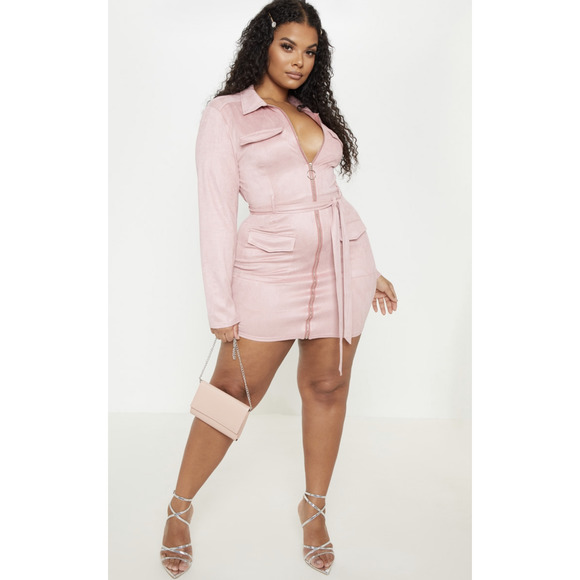 PLT PLUS DUSTY PINK FAUX SUEDE POCKET DETAIL BODYCON DRESS - Picture 3 of 5